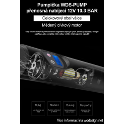Pumpička na kola 7 v 1 WDS-PUMP přenosná nabíjecí 12V 10.3 BAR s LCD digitálním displejem 12V a nástavci - Auto kolo člun